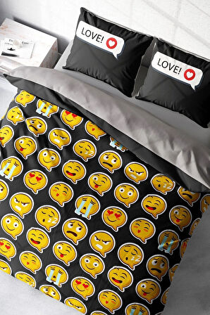 Nevresim Takımı %100 Doğal Pamuk Çift Kişilik 3d Digital I Love Emoji