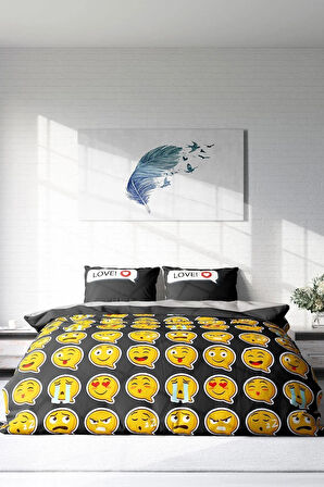 Nevresim Takımı %100 Doğal Pamuk Çift Kişilik 3d Digital I Love Emoji