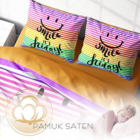 Monohome Friday Smile Çizgili Pamuk Saten Çift Kişilik Nevresim Takımı
