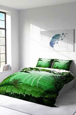 Nevresim Takımı %100 Doğal Pamuk Çift Kişilik 3d Digital Green Life