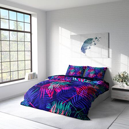 Monohome Palm Color Yapraklı Pamuk Saten Çift Kişilik Nevresim Takımı