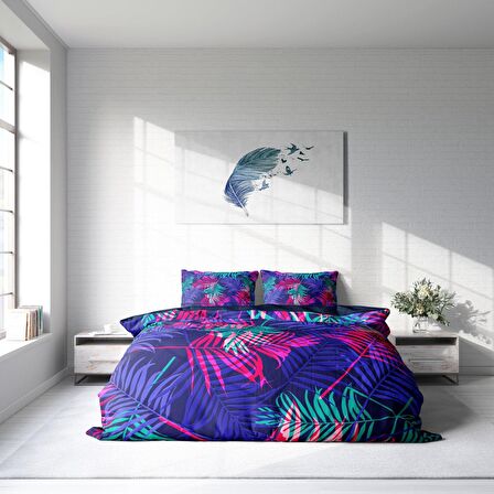 Monohome Palm Color Yapraklı Pamuk Saten Çift Kişilik Nevresim Takımı
