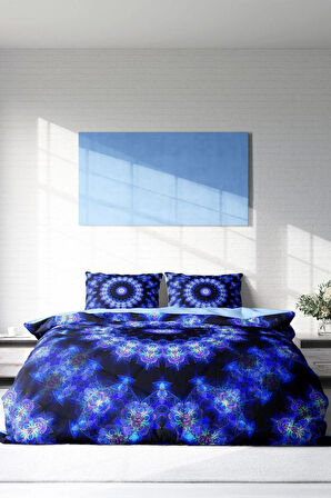 Nevresim Takımı %100 Doğal Pamuk Çift Kişilik 3d Digital Blue Damask