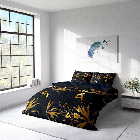 Monohome Gold Leaf Yapraklı Pamuk Saten Çift Kişilik Nevresim Takımı