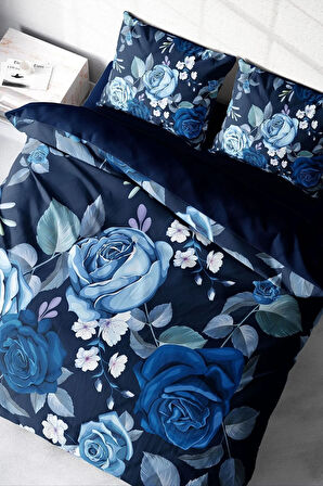 Nevresim Takımı %100 Doğal Pamuk Çift Kişilik 3d Digital Blue Flower