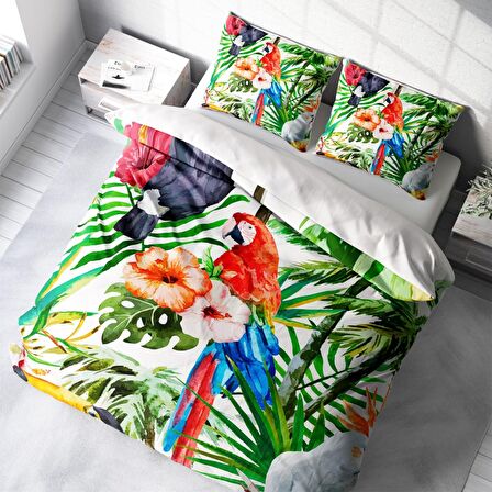 Monohome Green White Doğa Temalı Pamuk Saten Çift Kişilik Nevresim Takımı