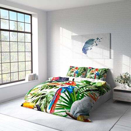 Monohome Green White Doğa Temalı Pamuk Saten Çift Kişilik Nevresim Takımı