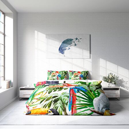 Monohome Green White Doğa Temalı Pamuk Saten Çift Kişilik Nevresim Takımı