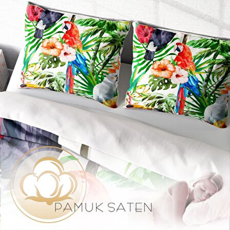 Monohome Green White Doğa Temalı Pamuk Saten Çift Kişilik Nevresim Takımı