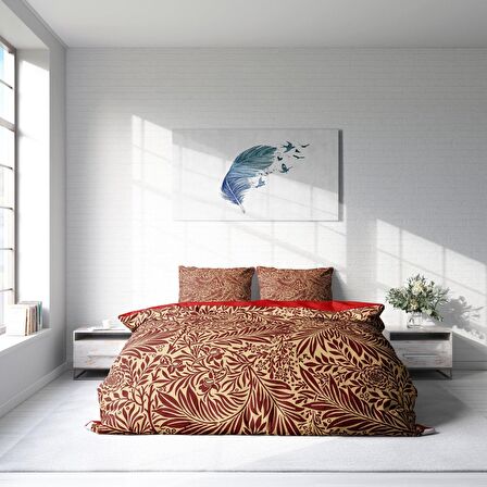 Monohome Red Leaf Yapraklı Pamuk Saten Çift Kişilik Nevresim Takımı