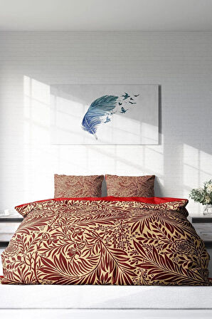 Nevresim Takımı %100 Doğal Pamuk Çift Kişilik 3d Digital Red Leaf