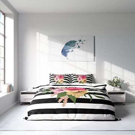 Monohome Flower Line Çiçekli Pamuk Saten Çift Kişilik Nevresim Takımı