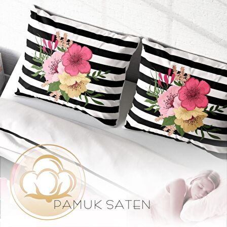 Monohome Flower Line Çiçekli Pamuk Saten Çift Kişilik Nevresim Takımı