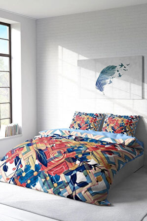 Nevresim Takımı %100 Doğal Pamuk Çift Kişilik 3d Digital Geo Flowers