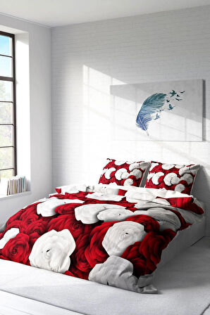 White & Red 3d Pamuk Saten Çift Kişilik Nevresim Takımı