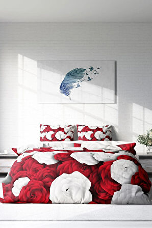 White & Red 3d Pamuk Saten Çift Kişilik Nevresim Takımı