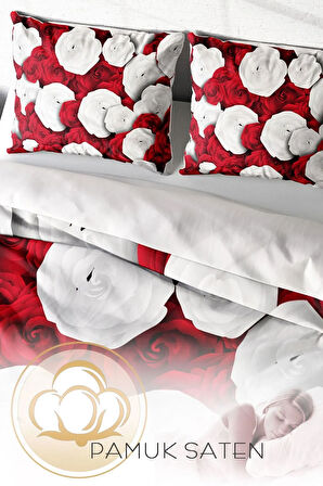 White & Red 3d Pamuk Saten Çift Kişilik Nevresim Takımı