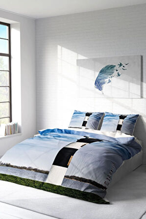 Nevresim Takımı %100 Doğal Pamuk Çift Kişilik 3d Digital Deniz Feneri