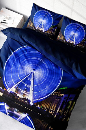 Nevresim Takımı %100 Doğal Pamuk Çift Kişilik 3d Digital London Eye