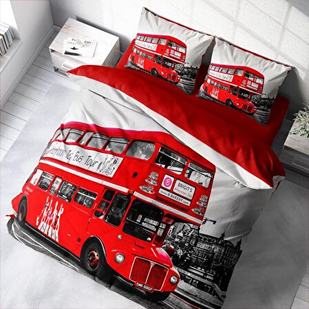 Monohome London Bus Araba Temalı Pamuk Saten Çift Kişilik Nevresim Takımı