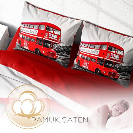 Monohome London Bus Araba Temalı Pamuk Saten Çift Kişilik Nevresim Takımı