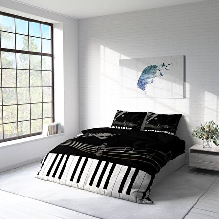 Monohome Piano Piyano Pamuk Saten Çift Kişilik Nevresim Takımı