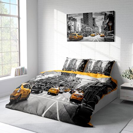 Monohome Taxi 3D Temalı Pamuk Saten Çift Kişilik Nevresim Takımı