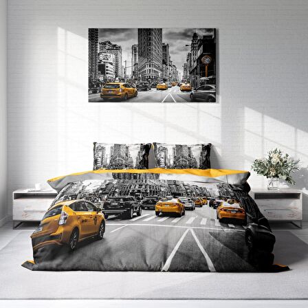 Monohome Taxi 3D Temalı Pamuk Saten Çift Kişilik Nevresim Takımı