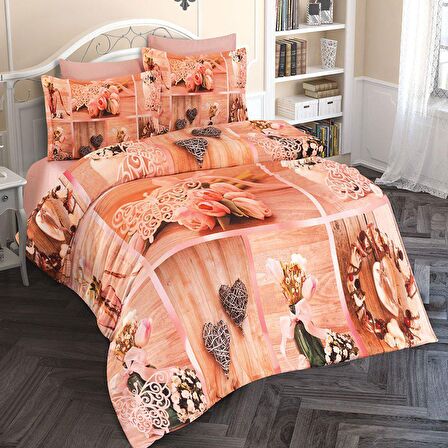 Monohome Tulip Heart 3D Temalı Pamuk Saten Çift Kişilik Nevresim Takımı