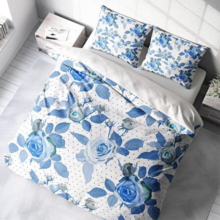 Monohome Blue Rose 3D Temalı Pamuk Saten Çift Kişilik Nevresim Takımı