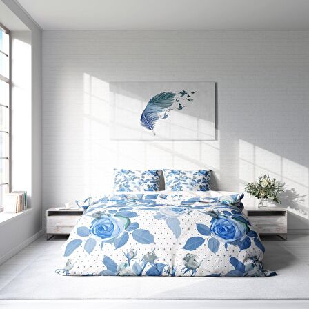 Monohome Blue Rose 3D Temalı Pamuk Saten Çift Kişilik Nevresim Takımı