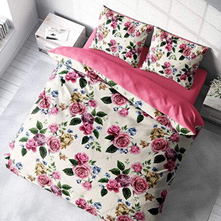 Monohome Pinkrose Çiçekli Pamuk Saten Çift Kişilik Nevresim Takımı
