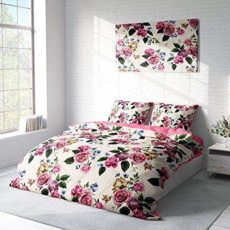 Monohome Pinkrose Çiçekli Pamuk Saten Çift Kişilik Nevresim Takımı