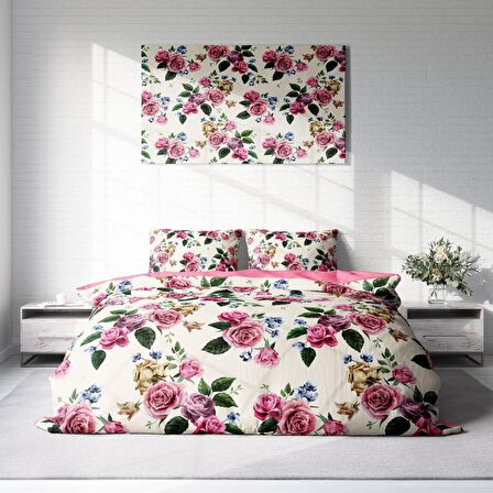 Monohome Pinkrose Çiçekli Pamuk Saten Çift Kişilik Nevresim Takımı