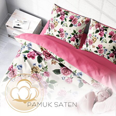 Monohome Pinkrose Çiçekli Pamuk Saten Çift Kişilik Nevresim Takımı