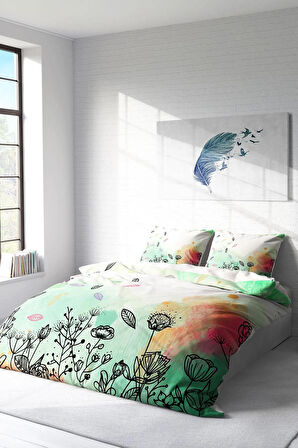 Nevresim Takımı %100 Doğal Pamuk Çift Kişilik 3d Digital Fantastic Leaves Naturel
