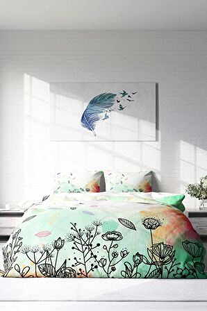 Nevresim Takımı %100 Doğal Pamuk Çift Kişilik 3d Digital Fantastic Leaves Naturel