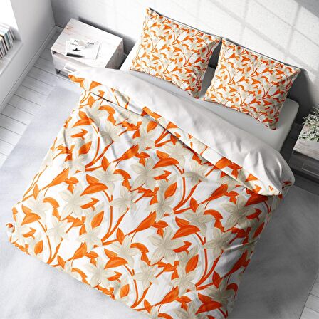 Monohome Orange Çiçekli Pamuk Saten Çift Kişilik Nevresim Takımı
