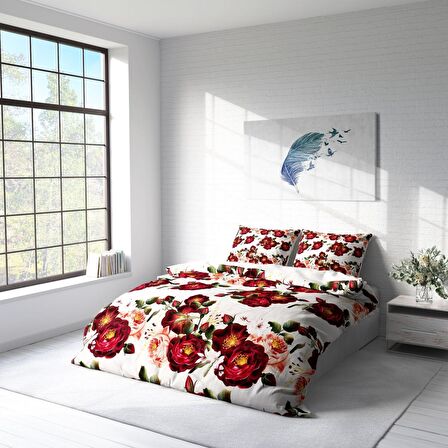 Monohome Red Rose Çiçekli Pamuk Saten Çift Kişilik Nevresim Takımı