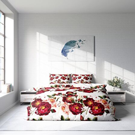 Monohome Red Rose Çiçekli Pamuk Saten Çift Kişilik Nevresim Takımı
