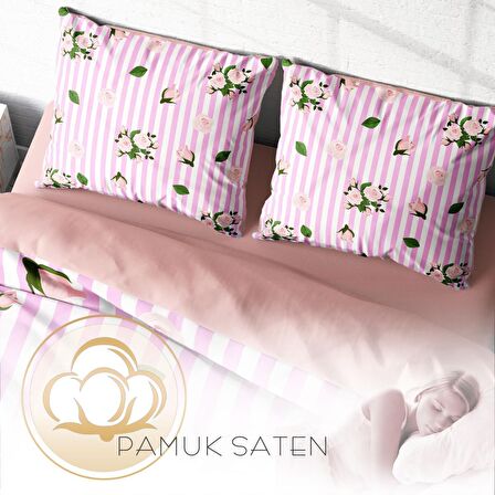 Monohome Pinkline Çiçekli Pamuk Saten Çift Kişilik Nevresim Takımı