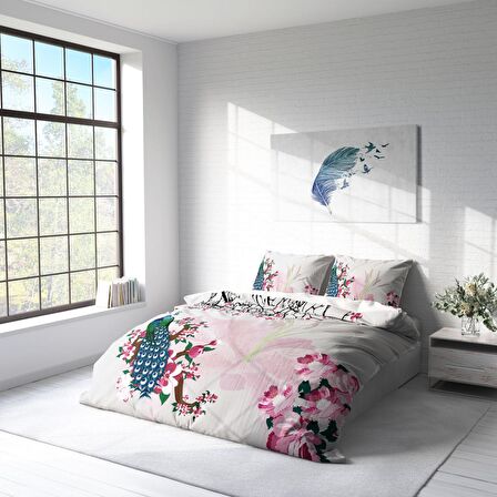 Monohome Peacock Hayvan Figürlü Pamuk Saten Çift Kişilik Nevresim Takımı