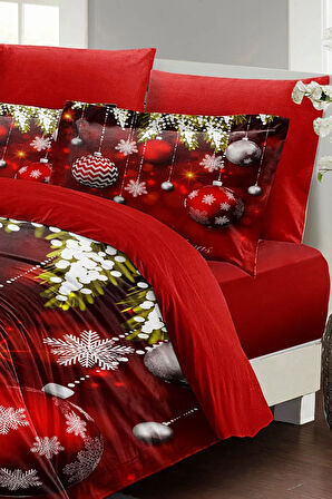 Yılbaşı Nevresim Takım %100 Doğal Pamuk Saten Noel Çift Kişilik Balls