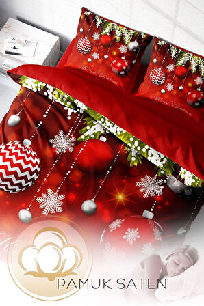 Yılbaşı Nevresim Takım %100 Doğal Pamuk Saten Noel Çift Kişilik Balls