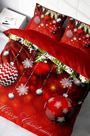 Yılbaşı Nevresim Takım %100 Doğal Pamuk Saten Noel Çift Kişilik Balls