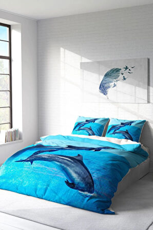 Nevresim Takımı %100 Doğal Pamuk Çift Kişilik 3d Digital Dolphin3