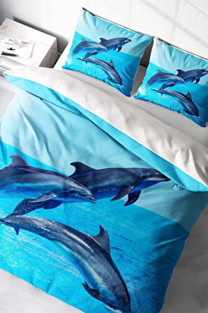 Nevresim Takımı %100 Doğal Pamuk Çift Kişilik 3d Digital Dolphin3
