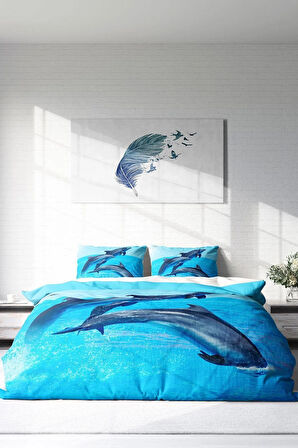 Nevresim Takımı %100 Doğal Pamuk Çift Kişilik 3d Digital Dolphin3