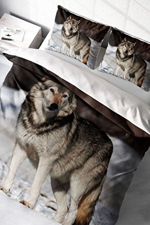 Nevresim Takımı %100 Doğal Pamuk Çift Kişilik 3d Digital Snowwolf