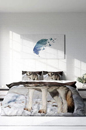 Nevresim Takımı %100 Doğal Pamuk Çift Kişilik 3d Digital Snowwolf